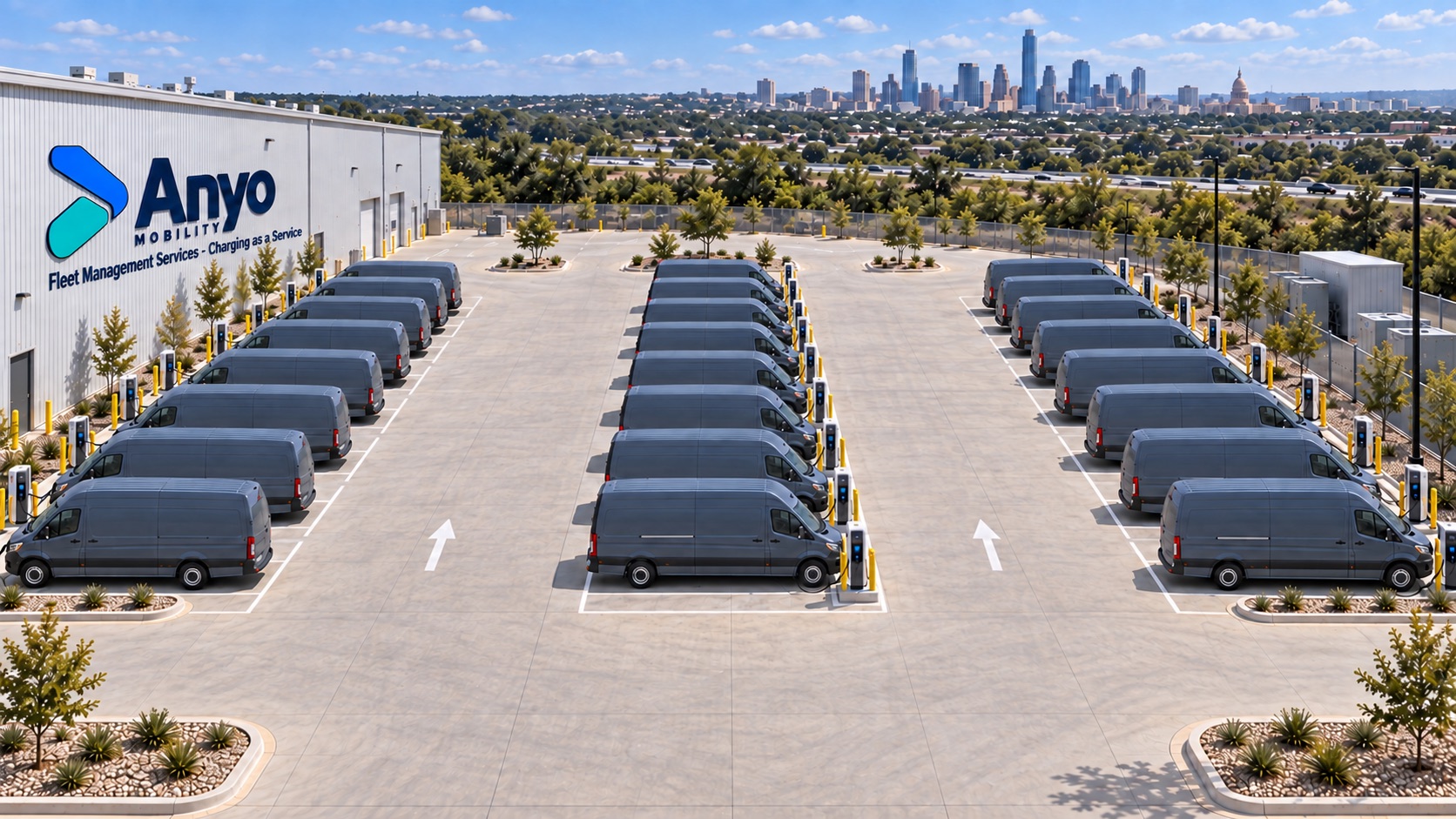 Anyo Mobility electric delivery vans at a charging depot